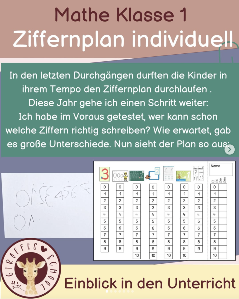 Screenshot eines Instagram-Beitrags von Giraffes Love School zum individuellen Ziffernplan in Klasse 1