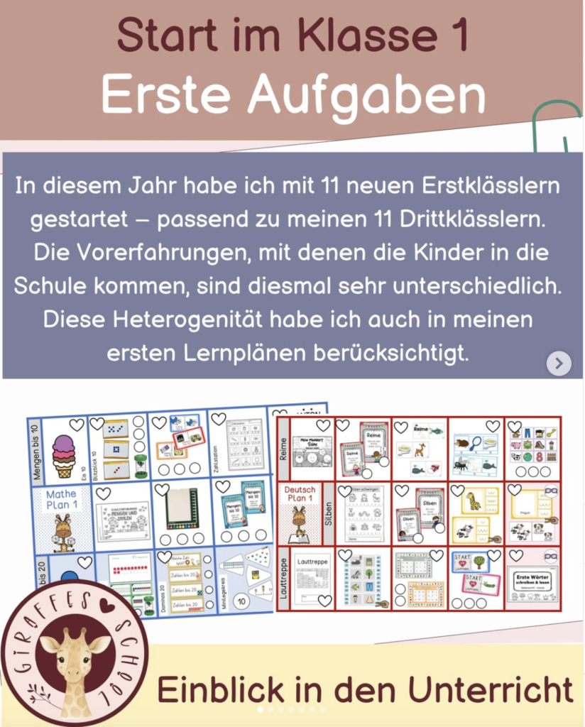 Screenshot eines Instagram-Beitrags von Giraffes Love School zum ersten individuellen Lernweg in Klasse 1