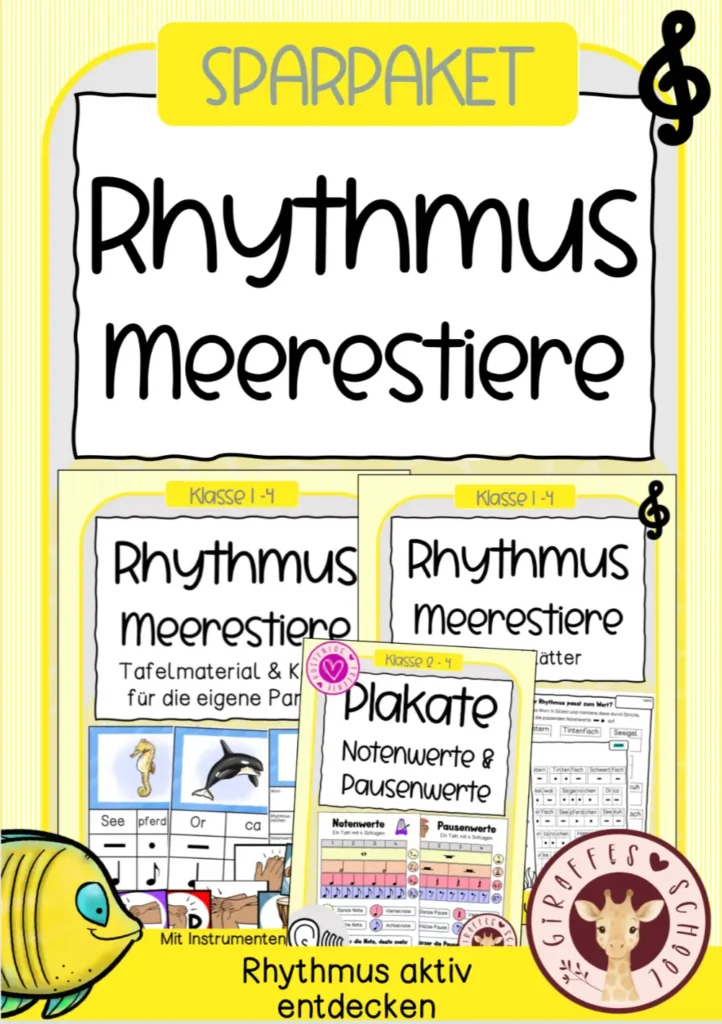 Rhythmuskarten und Rhythmusspiele mit Meerestieren für den Musikunterricht in der Grundschule