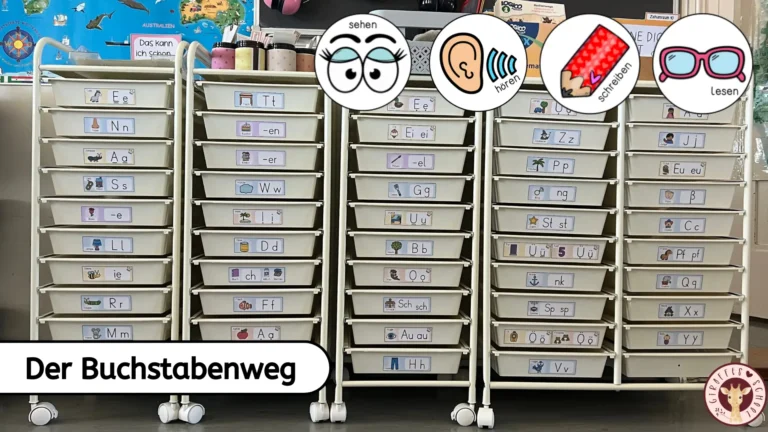 Giraffes Love School - Unterrichtsmaterial & individuelles Lernen Buchstabenweg im Anfangsunterricht mit den Bereichen Sehen, Hören, Schreiben und Lesen