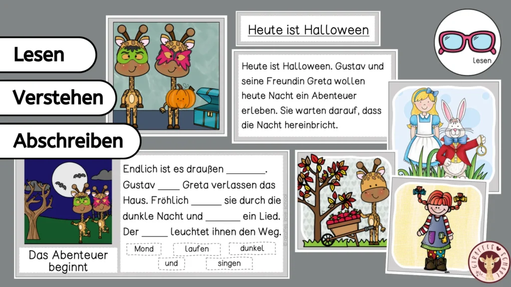 Deckblatt der Lesekarten-Reihe Lesen, verstehen und abschreiben mit Giraffen, Pippi Langstrumpf und weiteren Bildmotiven