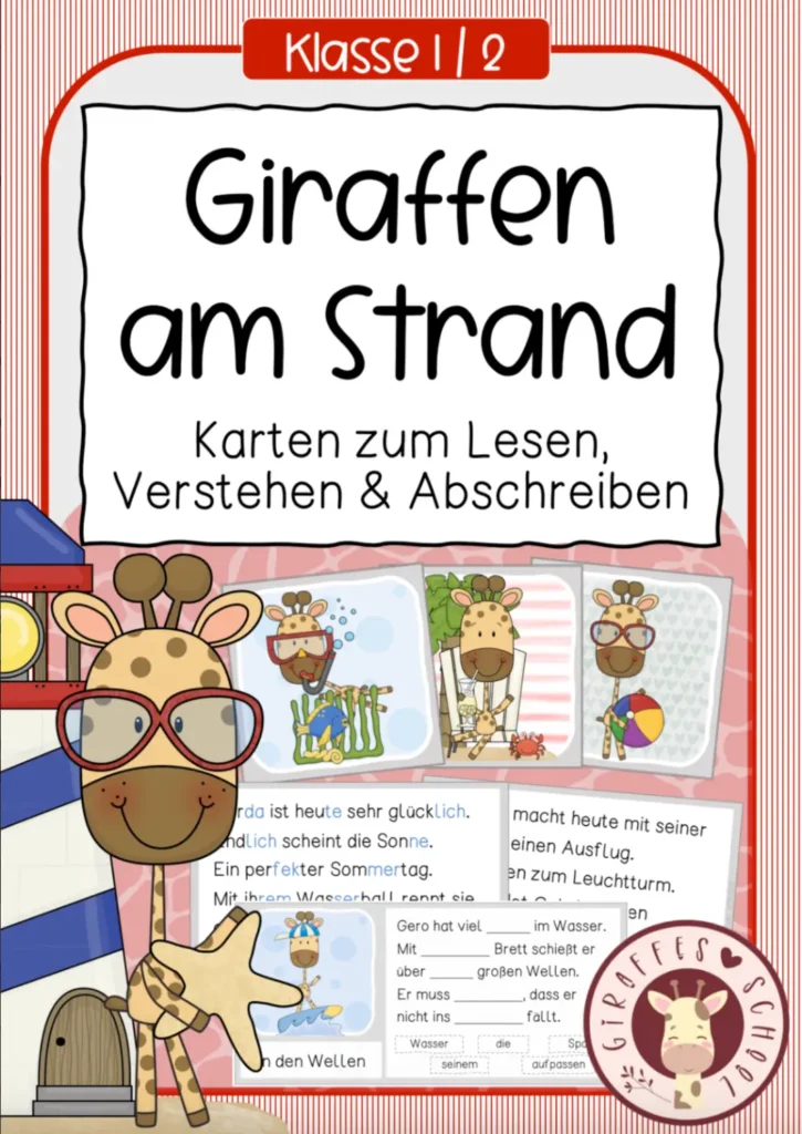 Lesekarten Giraffen am Strand zum Lesen, Verstehen und Abschreiben für die 1. und 2. Klasse