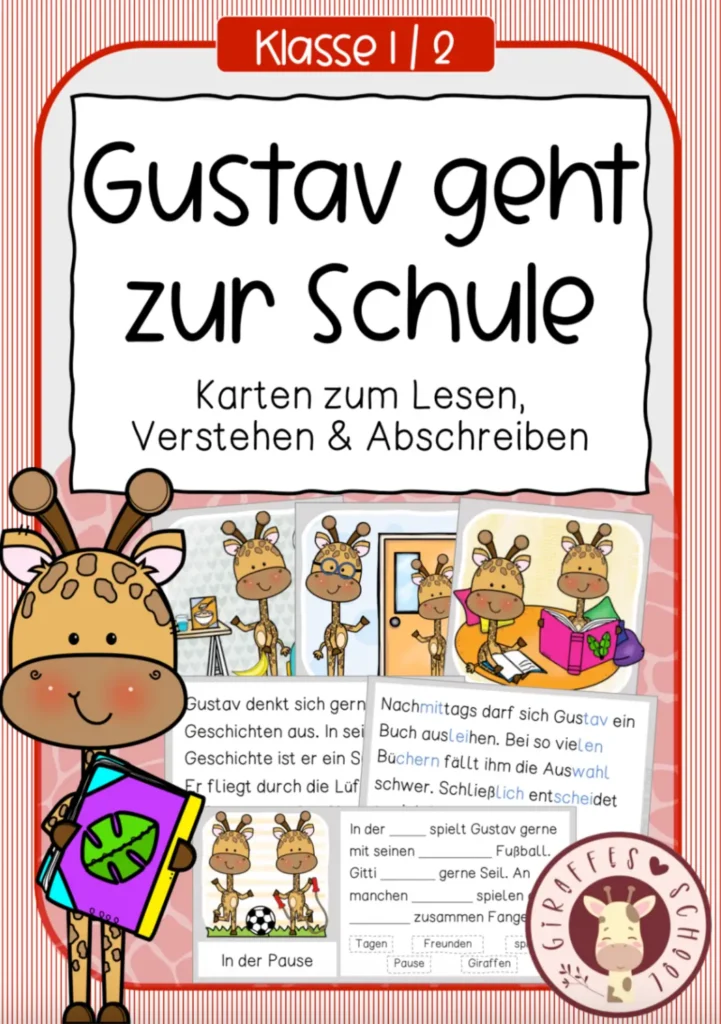Lesekarten Gustav geht zur Schule zum Lesen, Verstehen und Abschreiben für die 1. und 2. Klasse